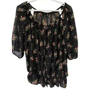 GUESS Floral Print Sheer Off Shoulder Blouse Top Black Red Women's Size S